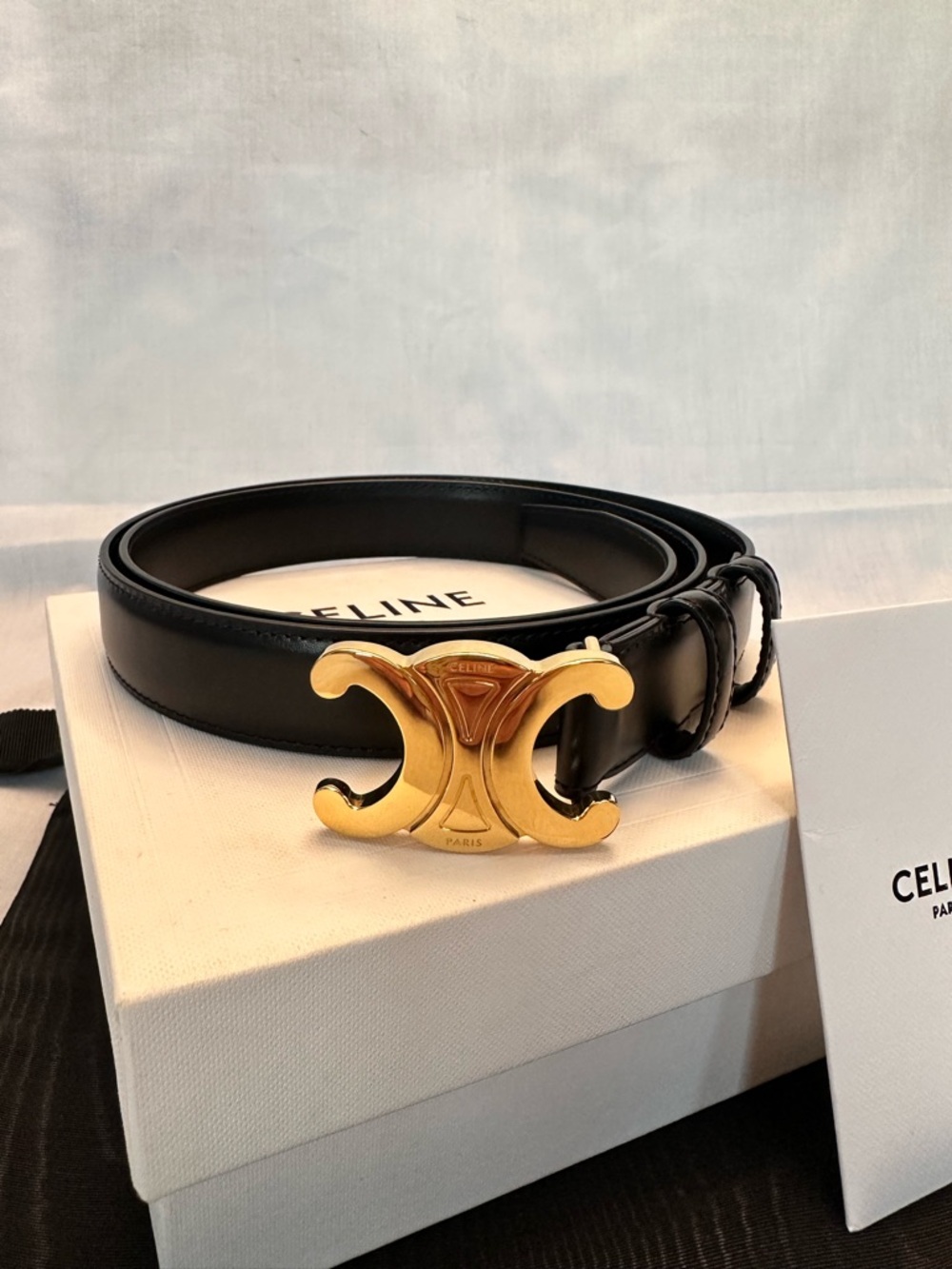 Celine Black Leather Belt with Gold Triomphe Buckle,Authentic.W:25mm,size:90cm